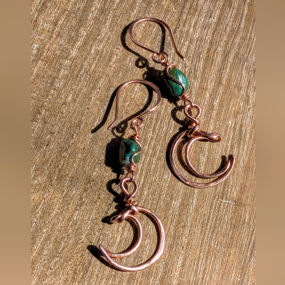 Dreamy Copper Moon Earrings Mediterranean Blue-Green Gemstones - Picture 6 of 12